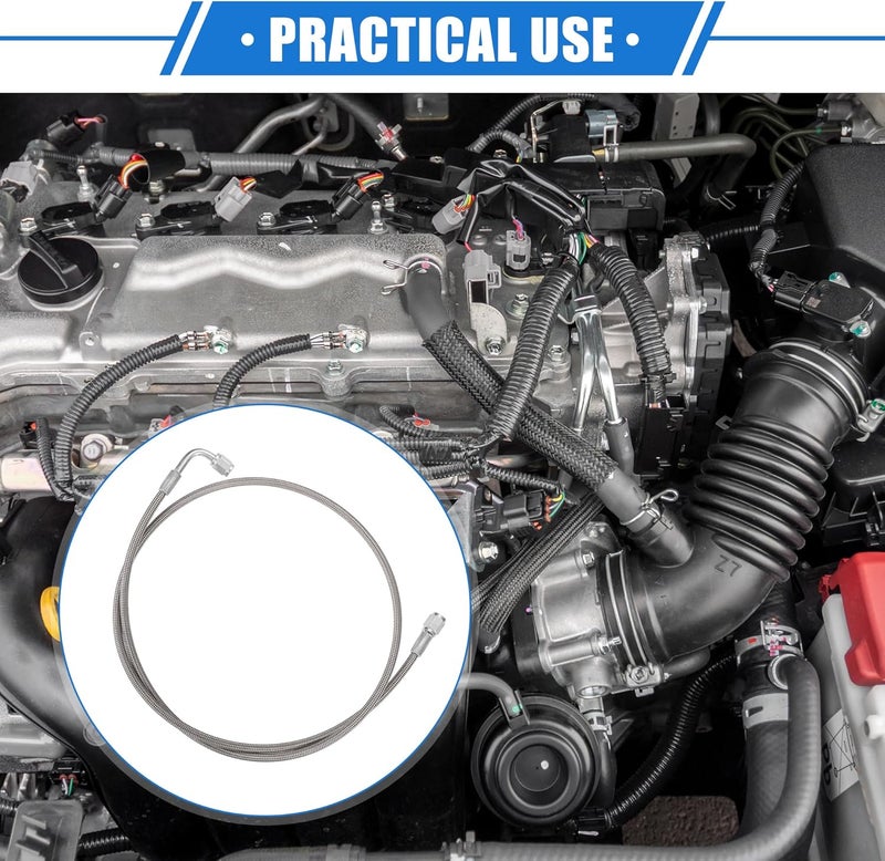 VekAuto AN3 Braided Steel Turbo Oil Feed Line 90 Degree to Straight Hose End, 44" Remote Turbocharger Oil Drain Return Line Universal for Car Durable Stainless Steel PTFE Silver Tone - Image 2